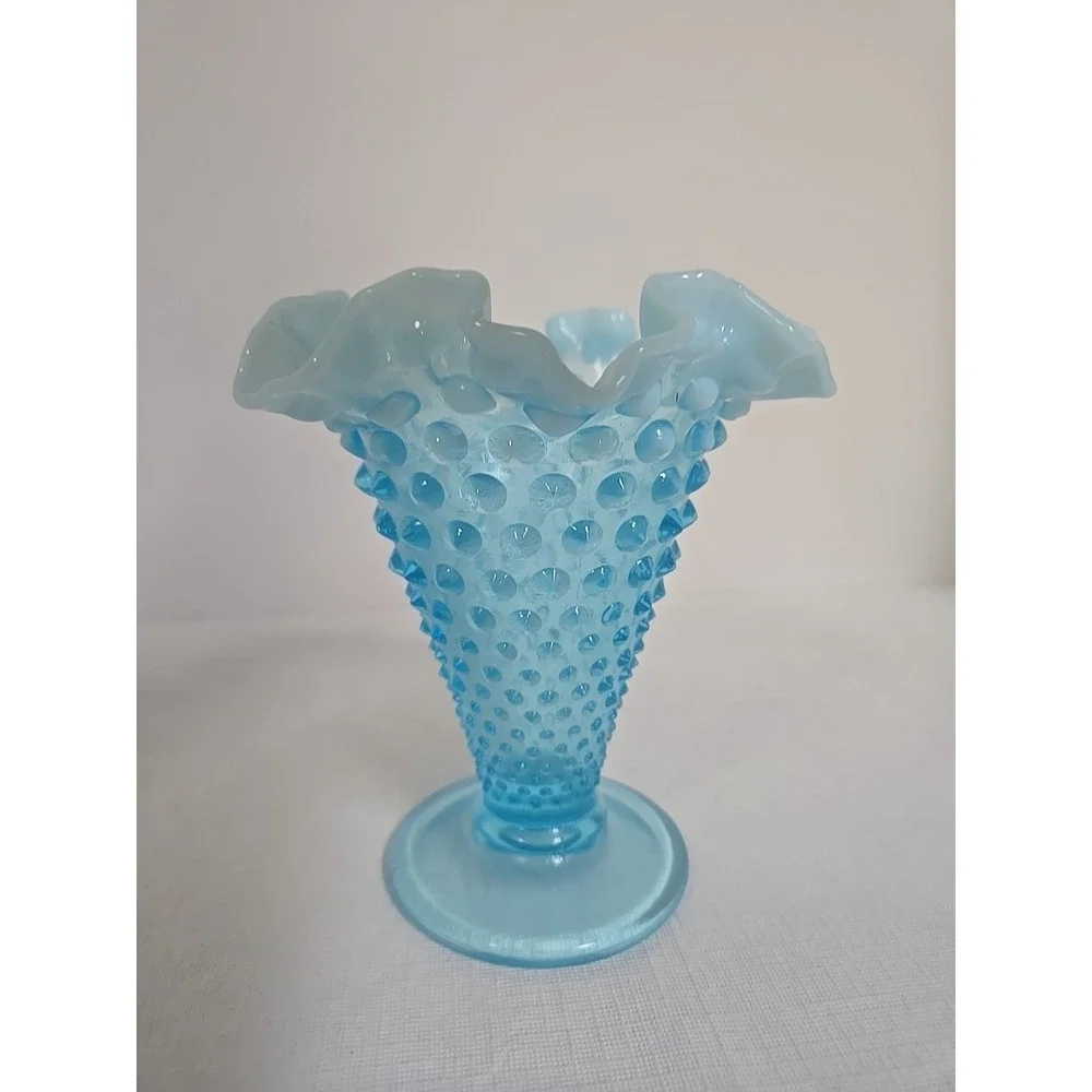 Vintage Fenton Aqua Blue Opalescent Hobnail Ruffled Vase 5 1/2
